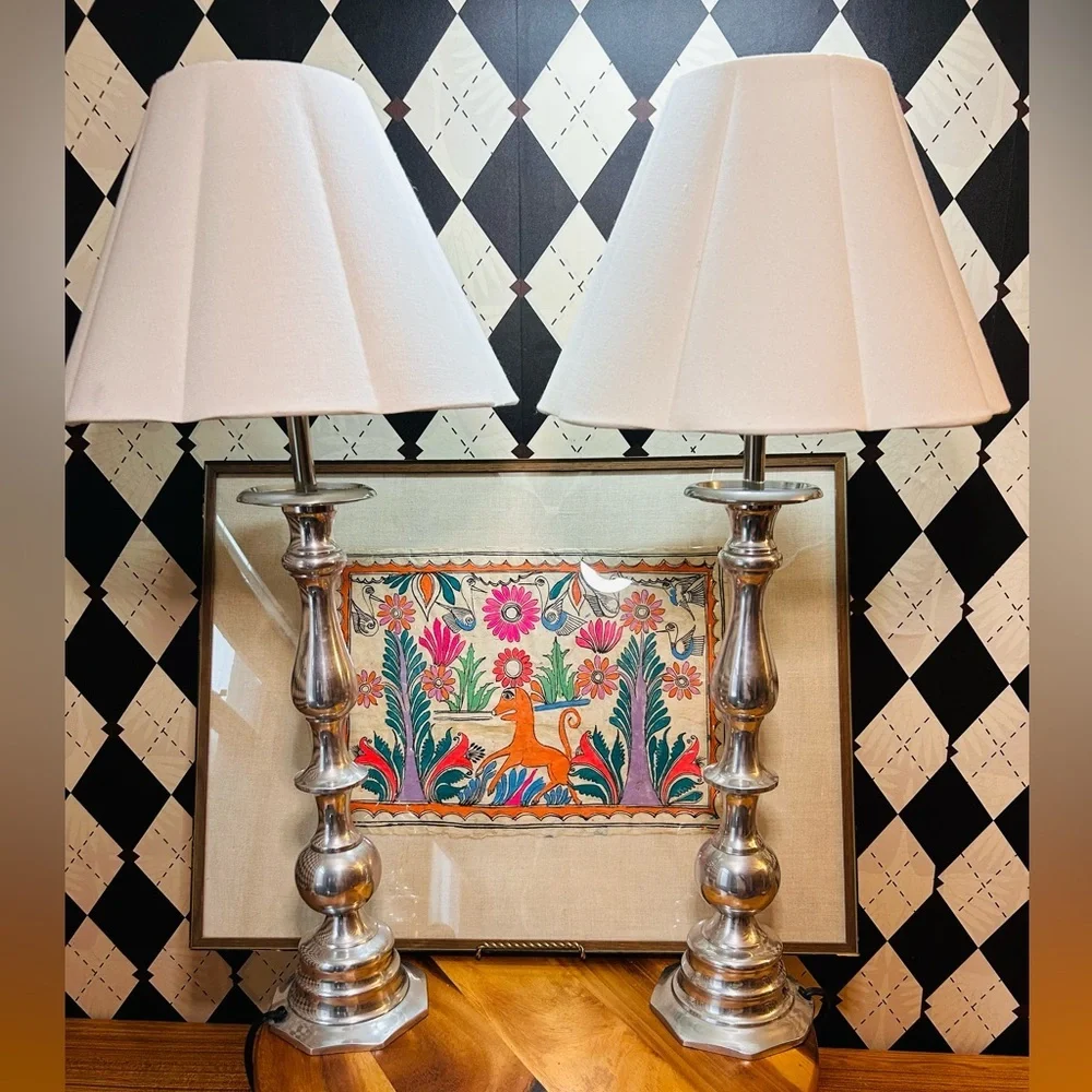 Luxury Tall Silver Table Lamp Pair – Sculptural Bases‎ with Scalloped Shades